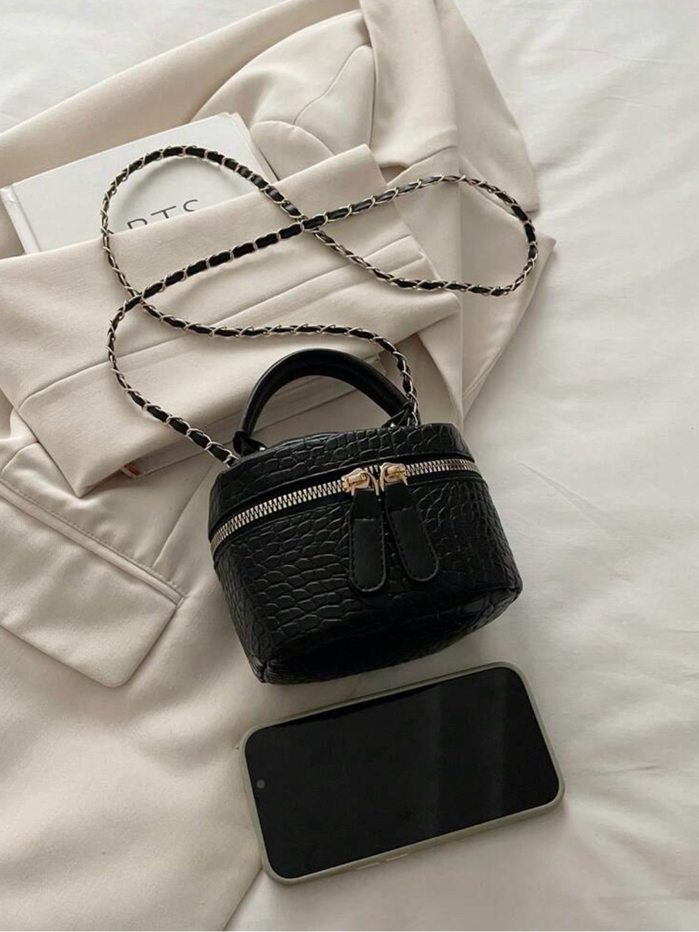 Black Croc-Texture Crossbody Bag with Gold Zipper